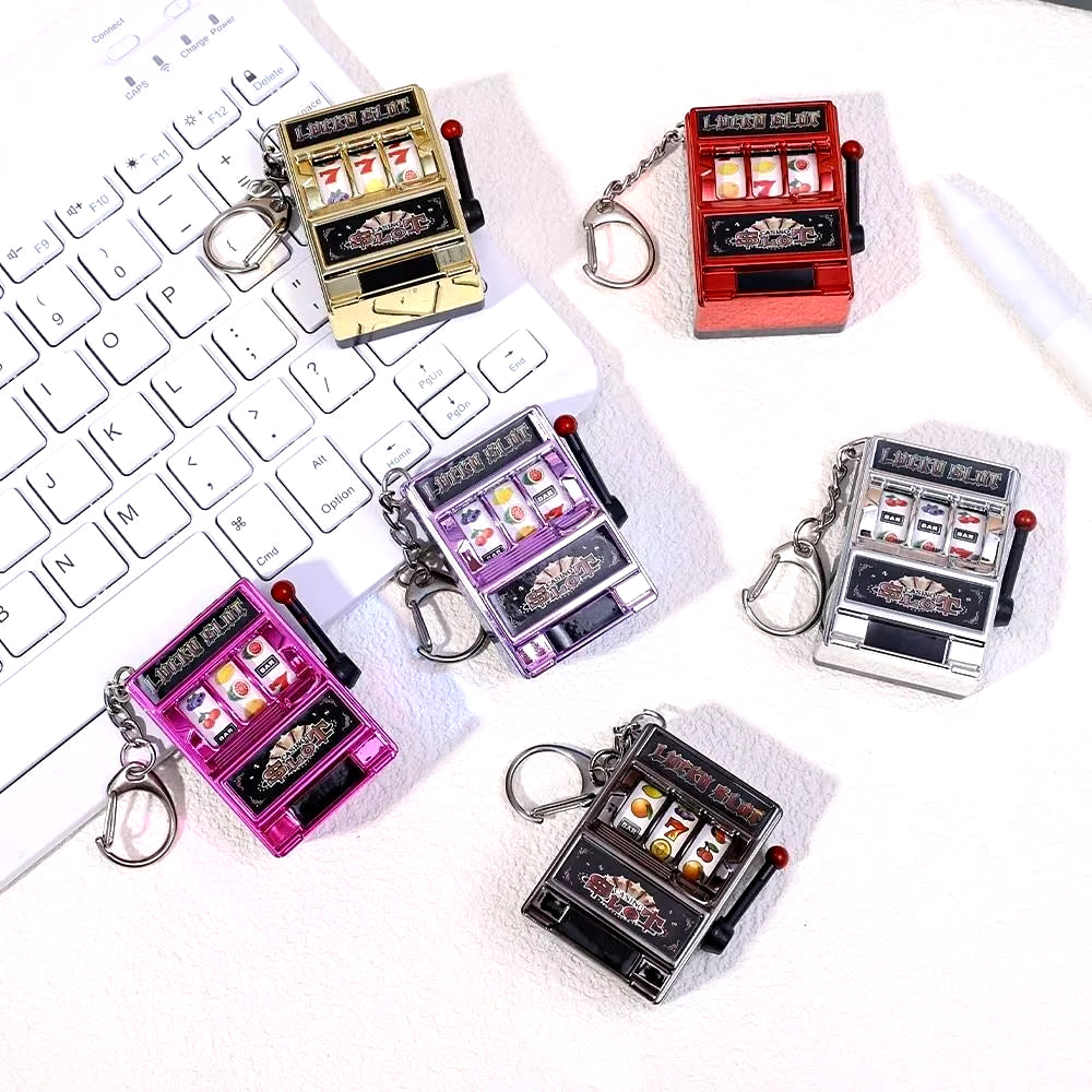 Mini Gambling Slot Machine Key Chains Creative Arcade Pocket Fruit Lucky Jackpot Gadget Antistress Toy Funny Games Keychain Ring