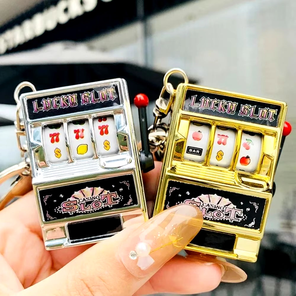 Mini Gambling Slot Machine Key Chains Creative Arcade Pocket Fruit Lucky Jackpot Gadget Antistress Toy Funny Games Keychain Ring